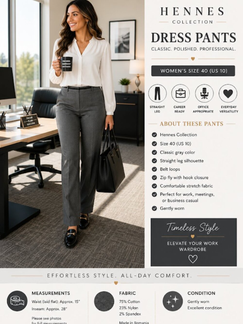 Hennes Collection Gray Straight Leg Dress Pants Size 10 Career Office